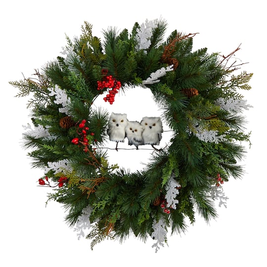 24&#x22; Holiday Winter Owl Family Pinecone Berry Christmas Wreath